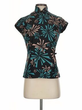 Marc Jacobs Black Mandarin-Collar Cap-Sleeve Top with Teal and Beige Burst Print
